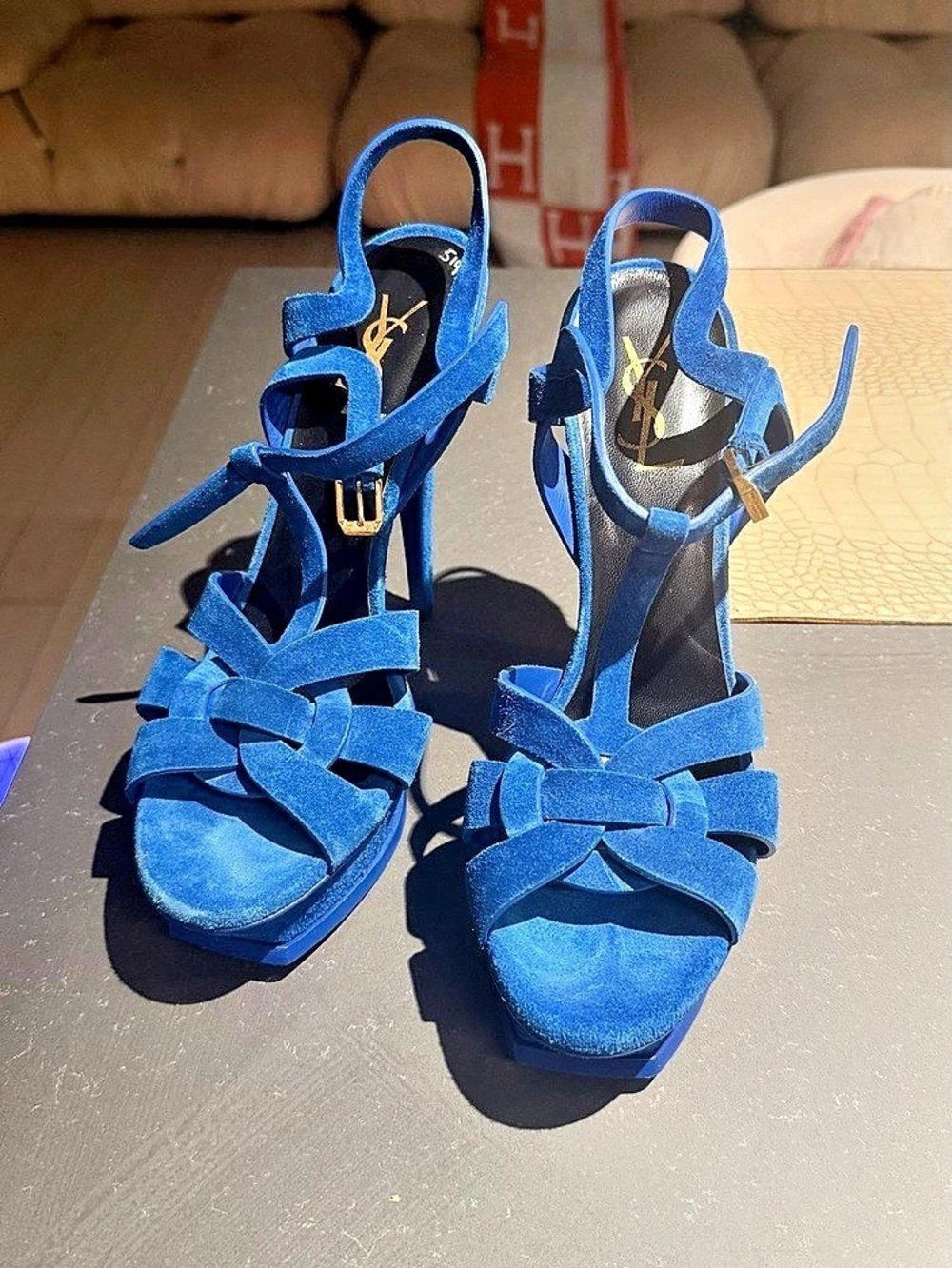 Saint Laurent Tribute Platform Sandals in Blue Suede Blue Suede
